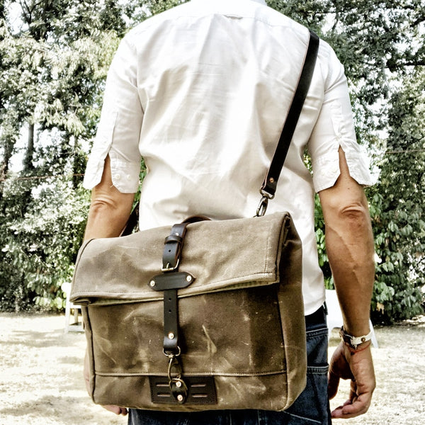 Armada Canvas Messenger Bag Biker Bag, Army Green/Brown/Gray, 14 inches
