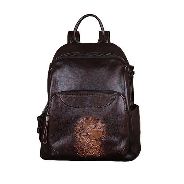 Retro Embossed Leather Backpack Stylish & Functional Everyday Backpack