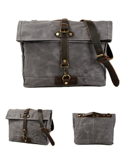 Armada Canvas Messenger Bag Biker Bag, Army Green/Brown/Gray, 14 inches