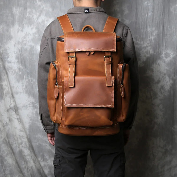 Highlander Hand-Stitched Leather Backpack, Black/Brown/Maroon, One Size