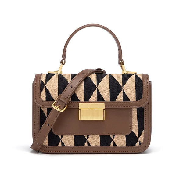 Posh Leather & Woven Pattern Handbag Checkered Satchel - Brown & Black