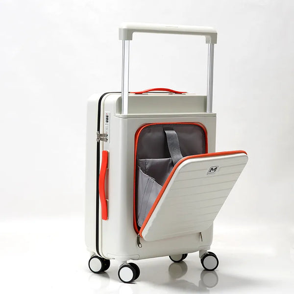 45° side view of the smoke white-colored rolling case featuring the front tech compartment
