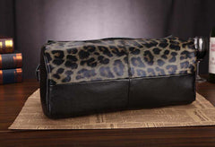 Genuine Leather Leopard Print Fold-Over Handbag Shoulder Bag for Women