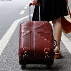 Hudson Carry-on Rolling Leather Case Trolley Bag, Brown/Maroon, 20 inch