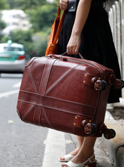 Hudson Carry-on Rolling Leather Case Trolley Bag, Brown/Maroon, 20 inch