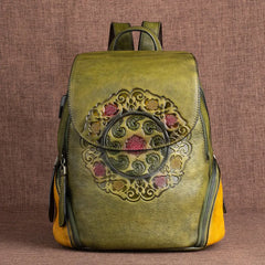 Ocarina Retro Embossed Leather Backpack with USB Power Plug - One Size