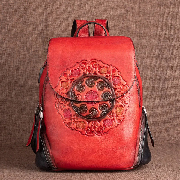 Ocarina Retro Embossed Leather Backpack with USB Power Plug - One Size