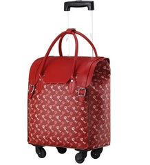 45° side view of the red-colored trolley bag with the telescopic handle fully extended