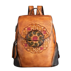 Ocarina Retro Embossed Leather Backpack with USB Power Plug - One Size