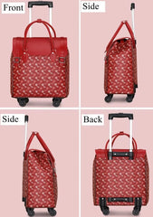 Views of the red-colored trolley bag in four positions: front view, side view, opposite side view and back view