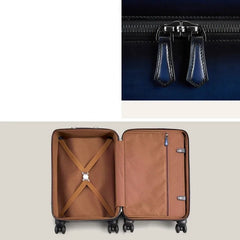 Interior details of the rolling luggage, featuring X-shaped compression straps, snap-shut compression panel with integrated zipper pocket