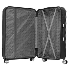 Interior details of the empty black-colored 20-inch rolling case show a full inner lining, X-shaped tie-down straps, a zipper partitioner with a built-in zipper pocket to stash small items