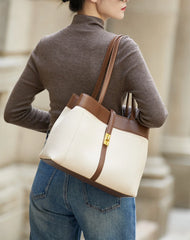 Women’s Two-Tone Leather Tote Bag - Cream & Black/Brown Trim - One Size