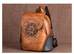 Ocarina Retro Embossed Leather Backpack with USB Power Plug - One Size