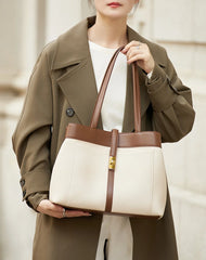 Women’s Two-Tone Leather Tote Bag - Cream & Black/Brown Trim - One Size