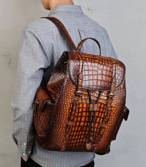 Sleek Croc Embossed Leather Backpack - Blue/Brown/Gray/Red - One Size