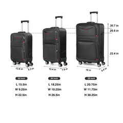 View showing the dimensions of each rolling case in the set