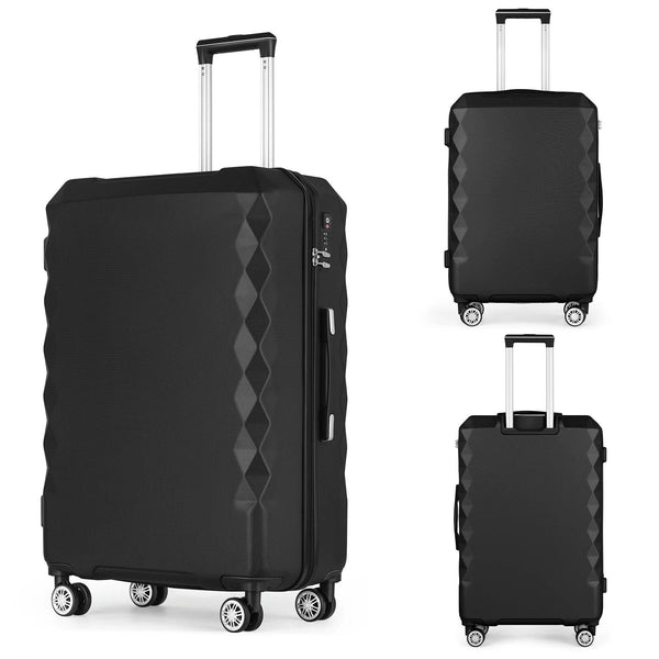Three juxtaposed views of the black-colored rolling case. 30° side view, front view, and back view