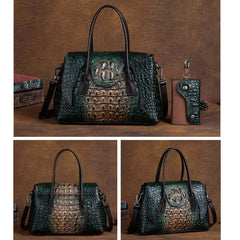 Women’s Croc Embossed Leather Handbag Crossbody Bag - Brown/Green/Red