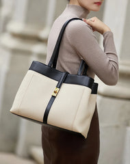 Women’s Two-Tone Leather Tote Bag - Cream & Black/Brown Trim - One Size