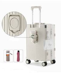 View of the back of the ivory-colored rolling case showing the extended telescopic handle and the built-in cup holder designed for convenience