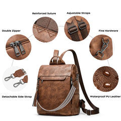 Multifunctional Vegan Leather Backpack - Black/Brown/Cream - One Size