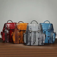 Sleek Croc Embossed Leather Backpack - Blue/Brown/Gray/Red - One Size