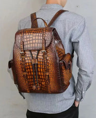 Sleek Croc Embossed Leather Backpack - Blue/Brown/Gray/Red - One Size