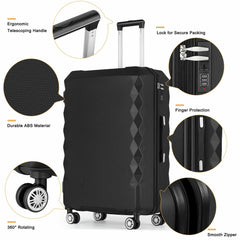 Close view of exterior features of the black-colored rolling case. Durable hard shell, mute multi-directional spinner wheels, ergonomic trolley handle, lockable zippers with TSA-compliant combination lock, underside grab handle