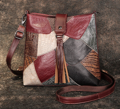 Bohemian Leather Messenger Bag Patchwork Satchel with Shoulder Strap