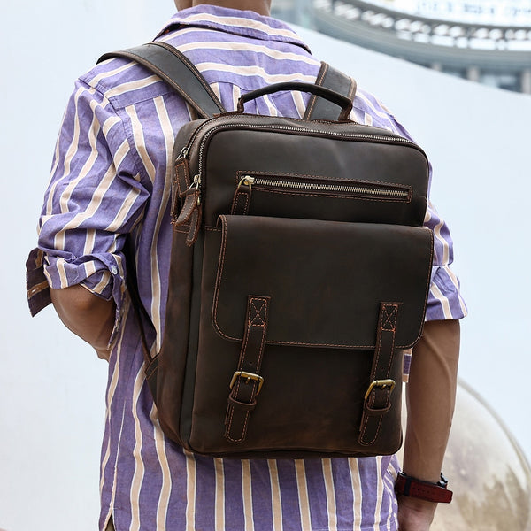 Work & School Backpack Laptop Backpack, Dark Brown Leather, 15 inches