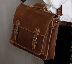 Vintage Business Briefcase Laptop Bag, Leather, Brown/Coffee, 17 inches