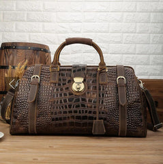 Crocodile Embossed Leather Weekender Duffel Bag, Dark Brown, One Size