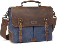 Office Messenger Bag Laptop Bag, Canvas & Leather, Blue/Gray, 14 inches