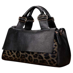 Genuine Leather Leopard Print Fold-Over Handbag Shoulder Bag for Women