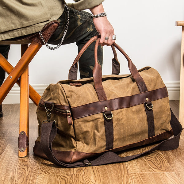 Waxed Canvas & Leather Overnighter Duffel Bag, Army Green/Gray/Khaki