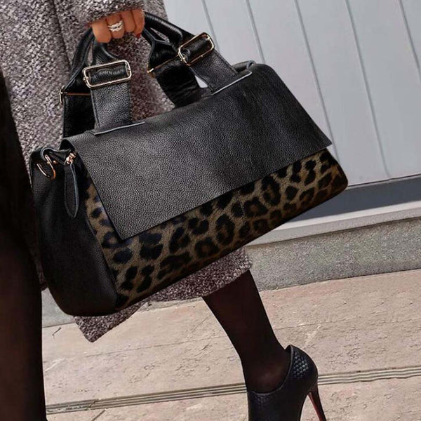 Genuine Leather Leopard Print Fold-Over Handbag Shoulder Bag for Women