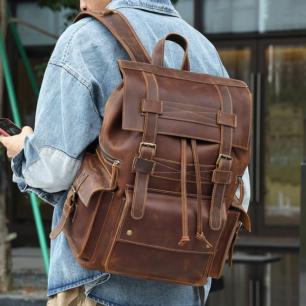 Benton Laptop Backpack Rucksack, Crazy Horse Leather, Brown, 17 inches