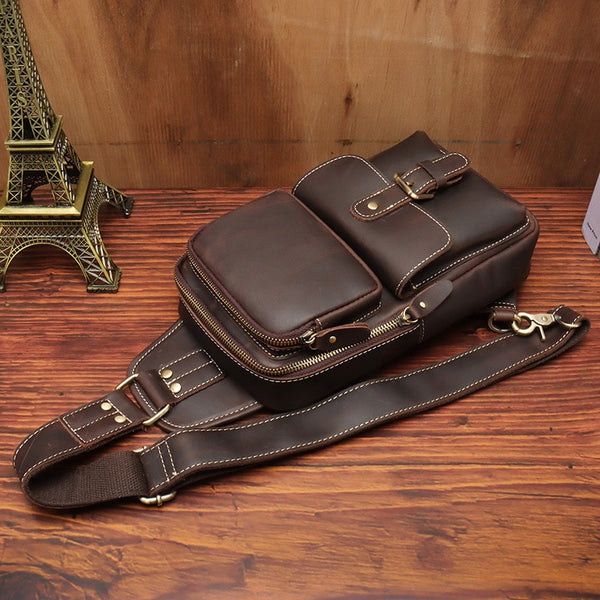 Vintage Genuine Leather Chest Bag Crossbody Bag Sling Bag in Dark Brown