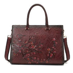 Work & Travel Floral Embossed Leather Laptop Tote Briefcase for Women