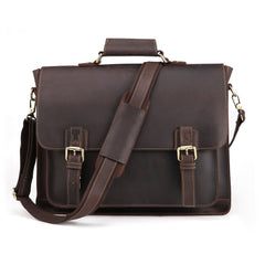 Vintage Business Briefcase Laptop Bag, Leather, Brown/Coffee, 17 inches