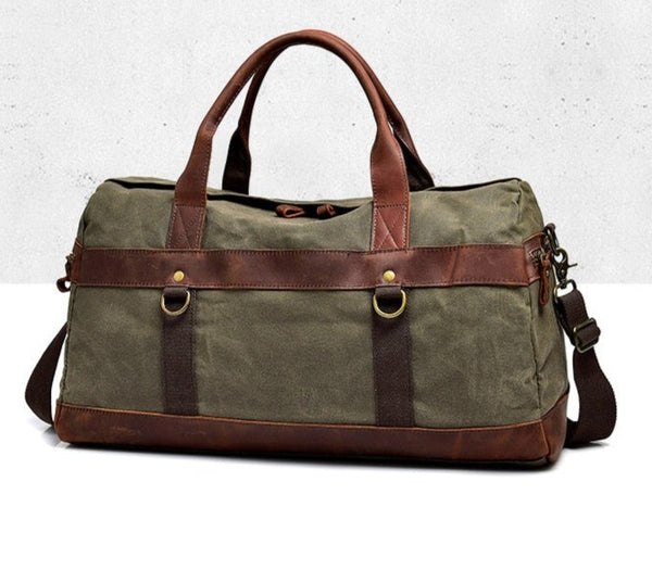 Waxed Canvas & Leather Overnighter Duffel Bag, Army Green/Gray/Khaki