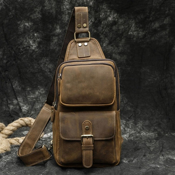 Vintage Leather Chest Bag Crossbody Bag Shoulder Bag Sling Bag in Brown