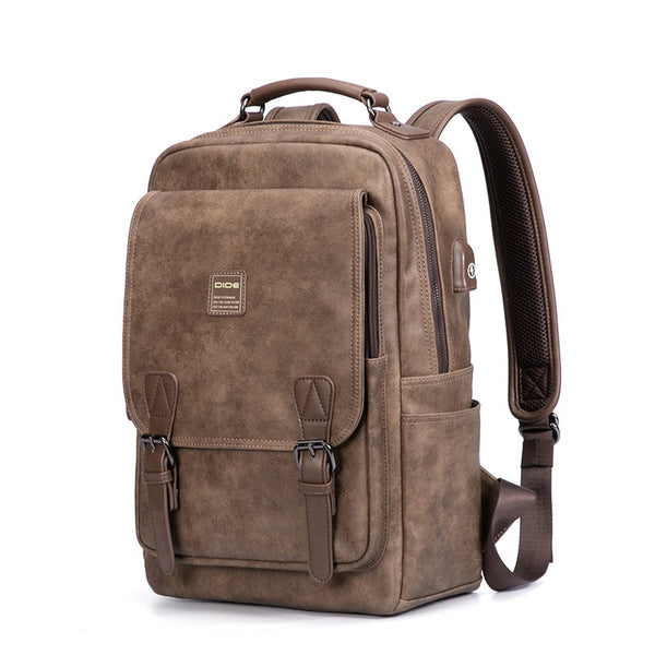 Men's Tech Backpack PU Leather Backpack - Black/Brown/Tan - 15 inches