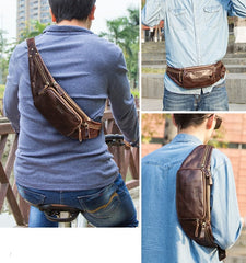 Retro Leather Fanny Pack Waist Bag Sling Bag Crossbody Bag, Black/Brown