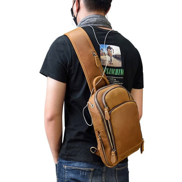 Leather Sling Bag Chest Bag Single Strap Pack - Brown - USB Power Plug