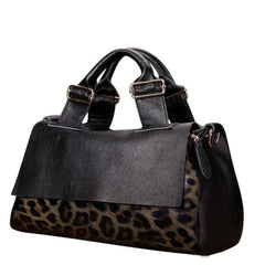 Genuine Leather Leopard Print Fold-Over Handbag Shoulder Bag for Women