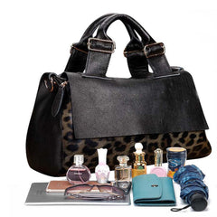 Genuine Leather Leopard Print Fold-Over Handbag Shoulder Bag for Women