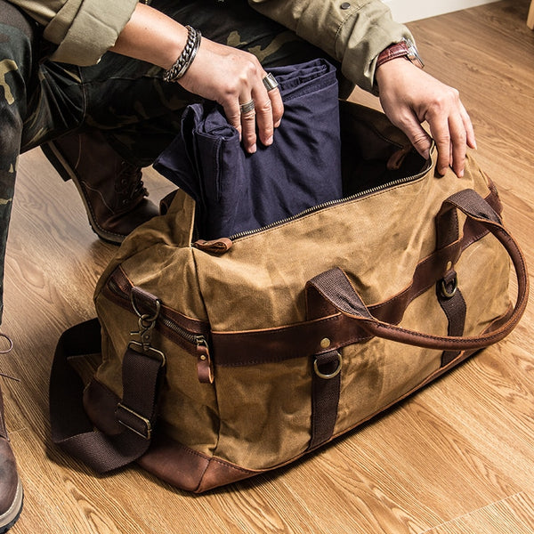 Waxed Canvas & Leather Overnighter Duffel Bag, Army Green/Gray/Khaki