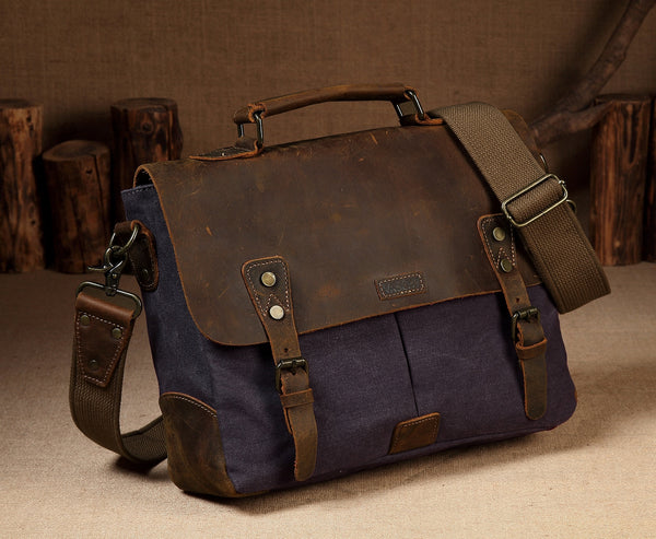 Office Messenger Bag Laptop Bag, Canvas & Leather, Blue/Gray, 14 inches